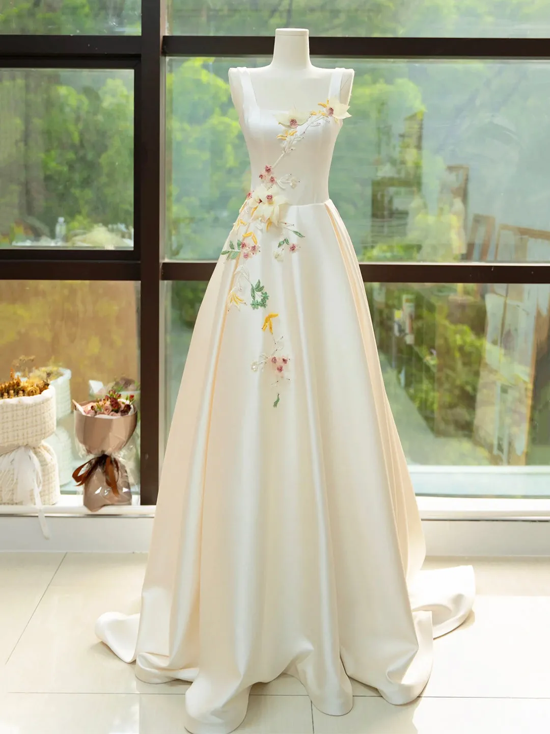 Elegant Satin Floor Length Formal Dress with 3D Flowers, Light Champagne A-Line Evening Party Dress