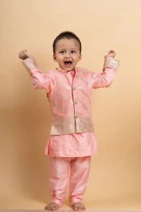 Elegant soft Peach kurta set with a regal golden-detailed jacket for a charming festive look