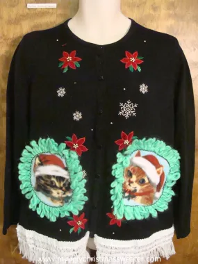 Falling Snow and Poinsettias Christmas Cat Ugly Sweater