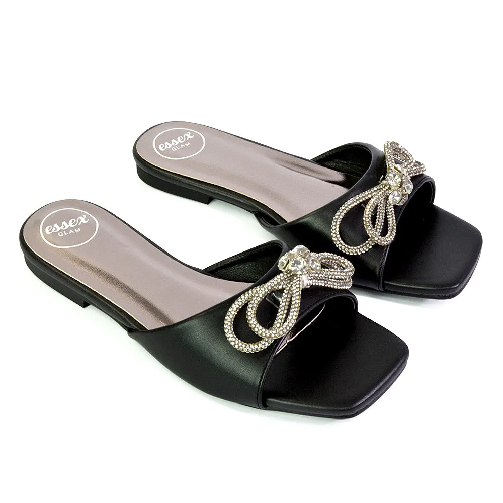 Farah Diamante Bow Square Toe Slip on Flat Summer Sandal Sliders in Black