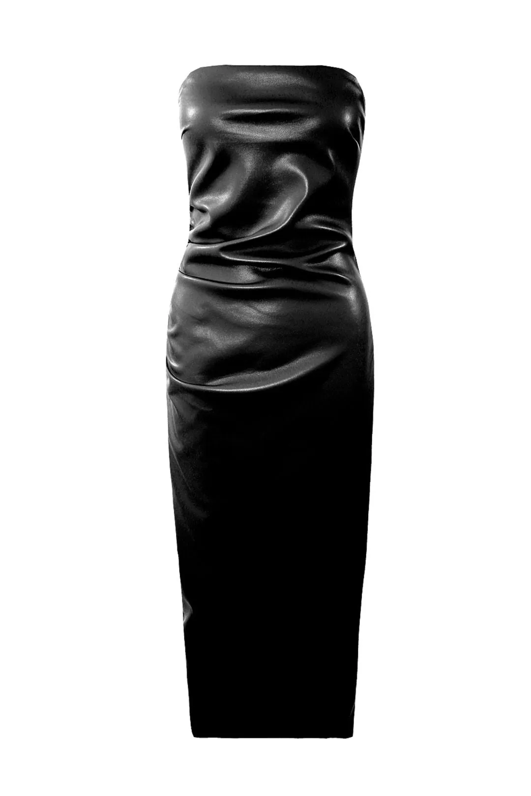 Faux Leather Side Ruched Bandeau Midi Dress