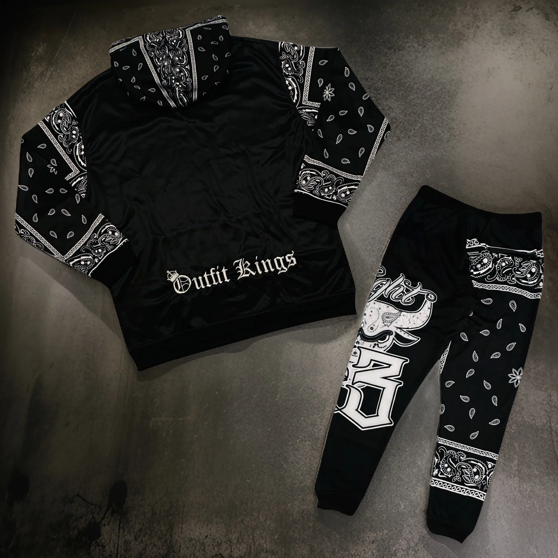 *FLIGHT 23* BLACK BANDANA / PAISLEY JOGGER SWEATSUITS (FLEECE LINED) (BACK EMBROIDERED)