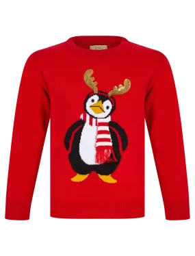 Girl's Antler Penguin Novelty Sequinned Christmas Jumper in Tokyo Red - Merry Christmas Kids (4-12yrs)