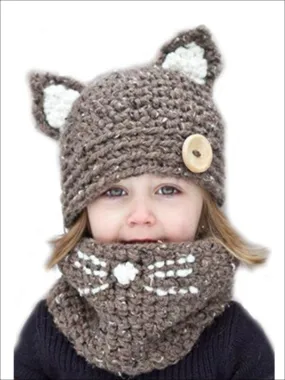 Girls Fall Knitted Cat Ear Hat with Whisker Neck Scarf