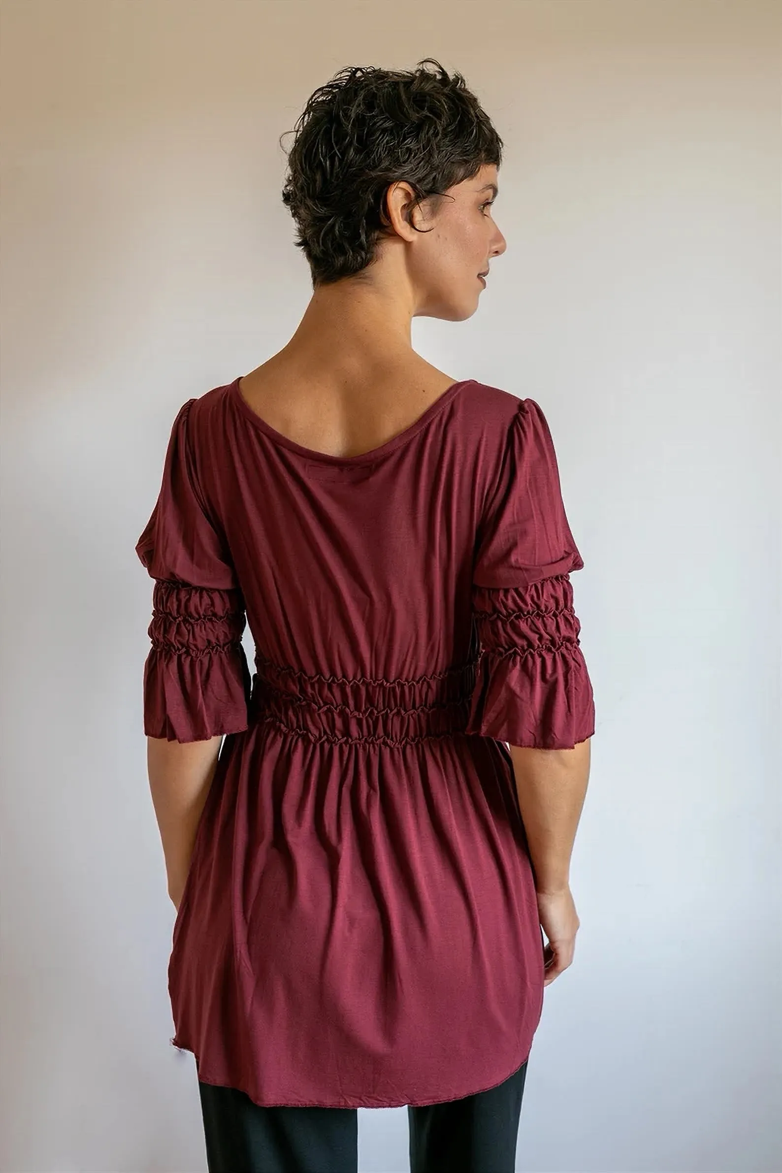 Goddess Sleeve Ruched Empire Waist Top in Burgundy