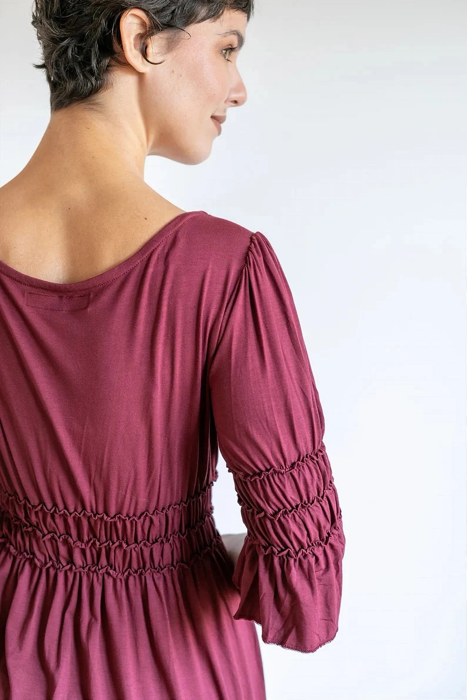 Goddess Sleeve Ruched Empire Waist Top in Burgundy