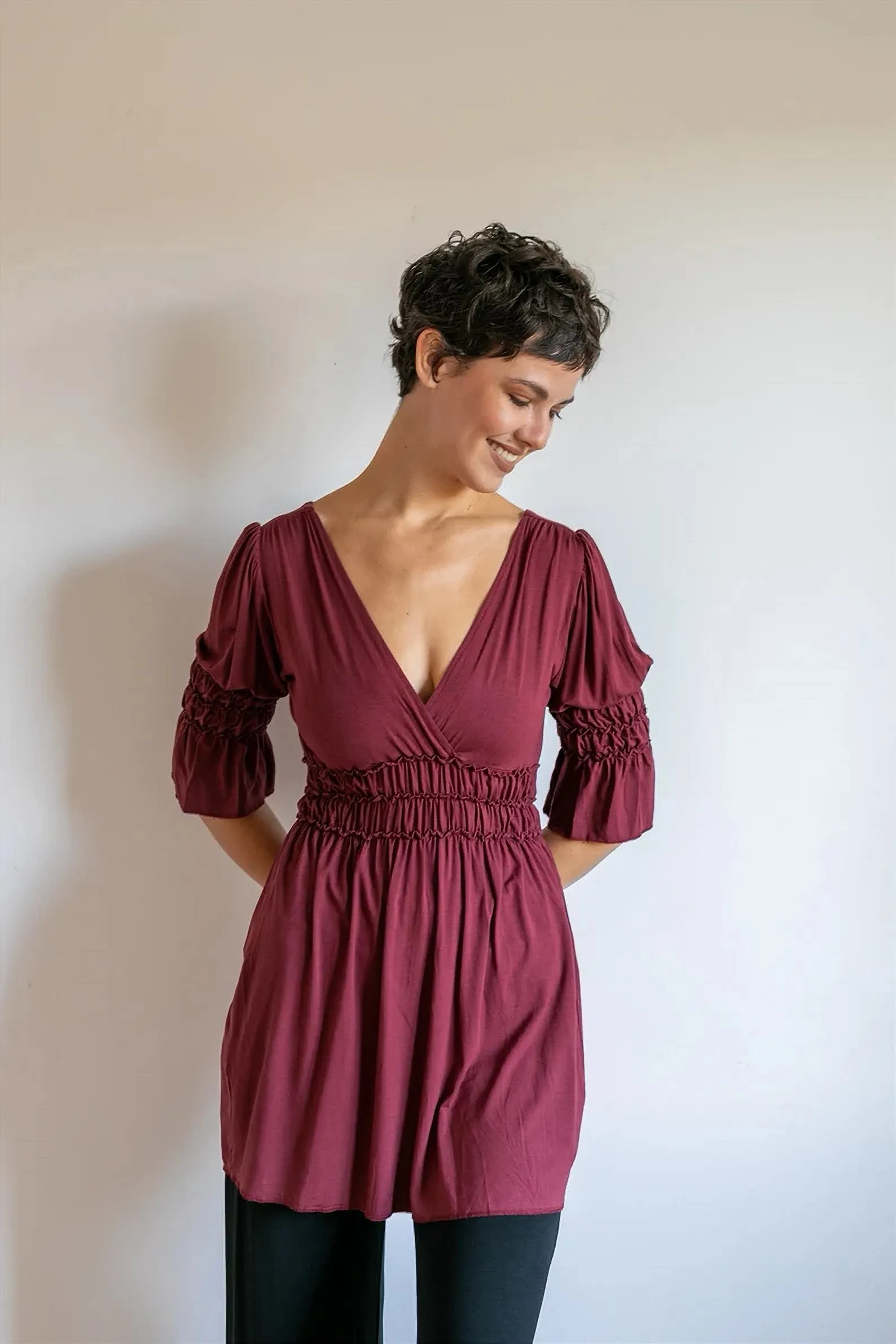 Goddess Sleeve Ruched Empire Waist Top in Burgundy