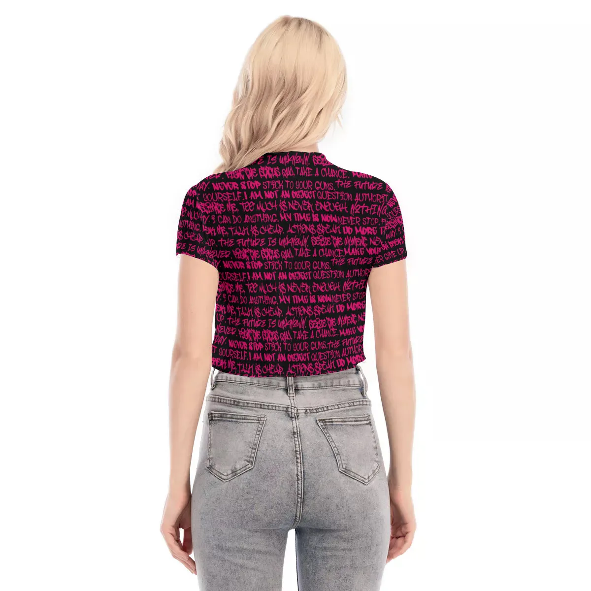 Graffiti Short Sleeve Mesh Crop Top, Black & Pink