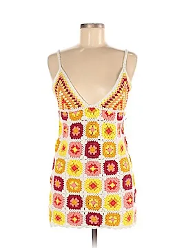 Granny Square Mini Dress Cami Straps Slits Up Sides White Dark Red Mauve Pink Yellow Burnt Orange And Golden Size Medium