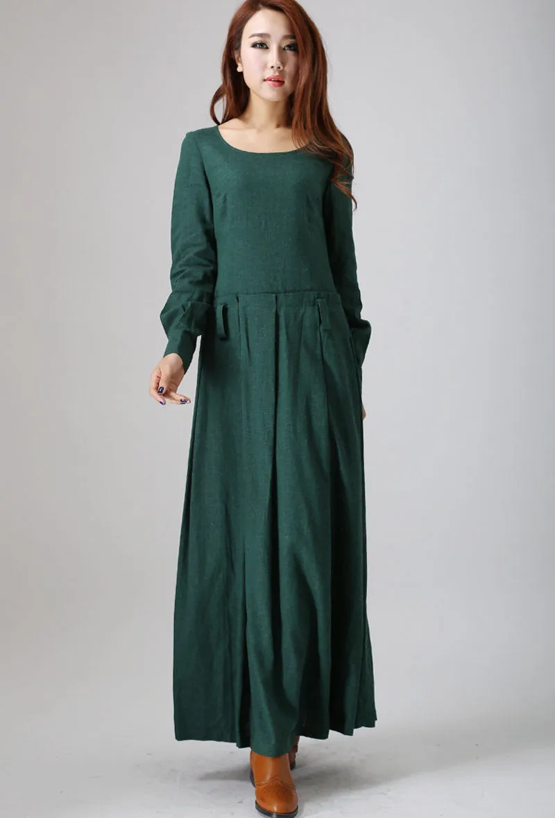 Green linen dress woman maxi dress custom made long sleeve linen dress (788)