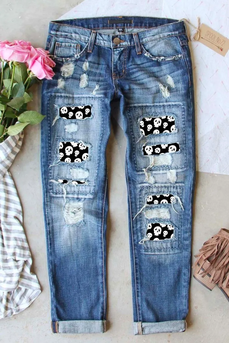 Halloween Spooky Skull Patches Distressed Straight Legs Denim