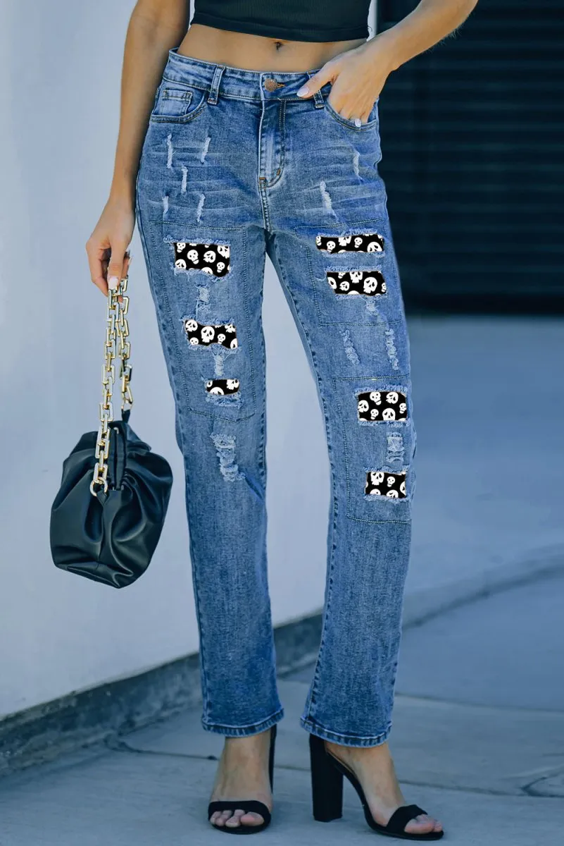 Halloween Spooky Skull Patches Distressed Straight Legs Denim