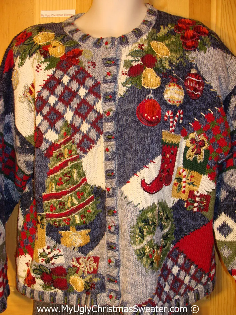 Horrific 80s Tacky Christmas Sweater with Busy Patchwork Designs (f1337)