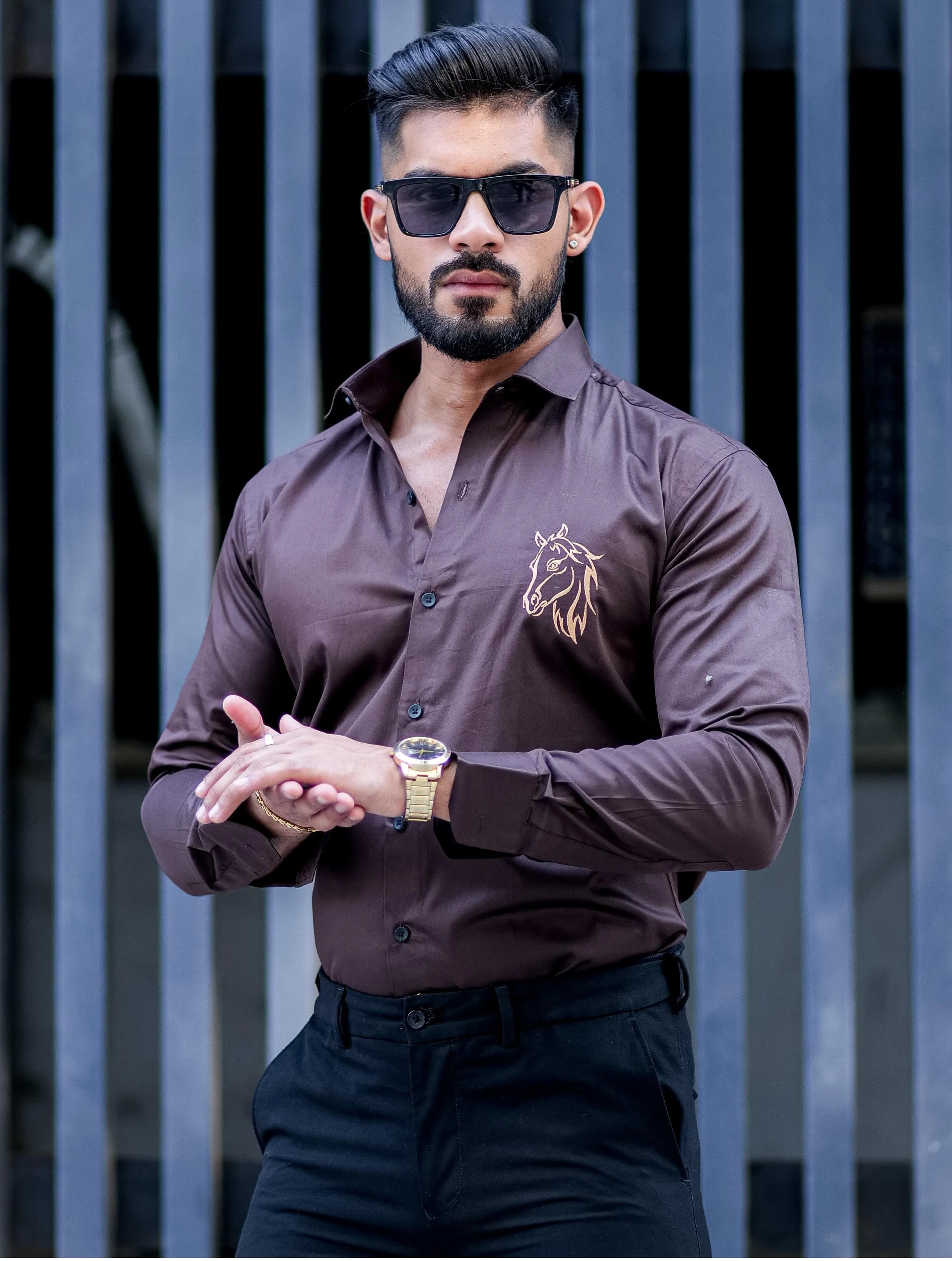 Horse Embroidered Brown Premium Cotton Shirt For Men