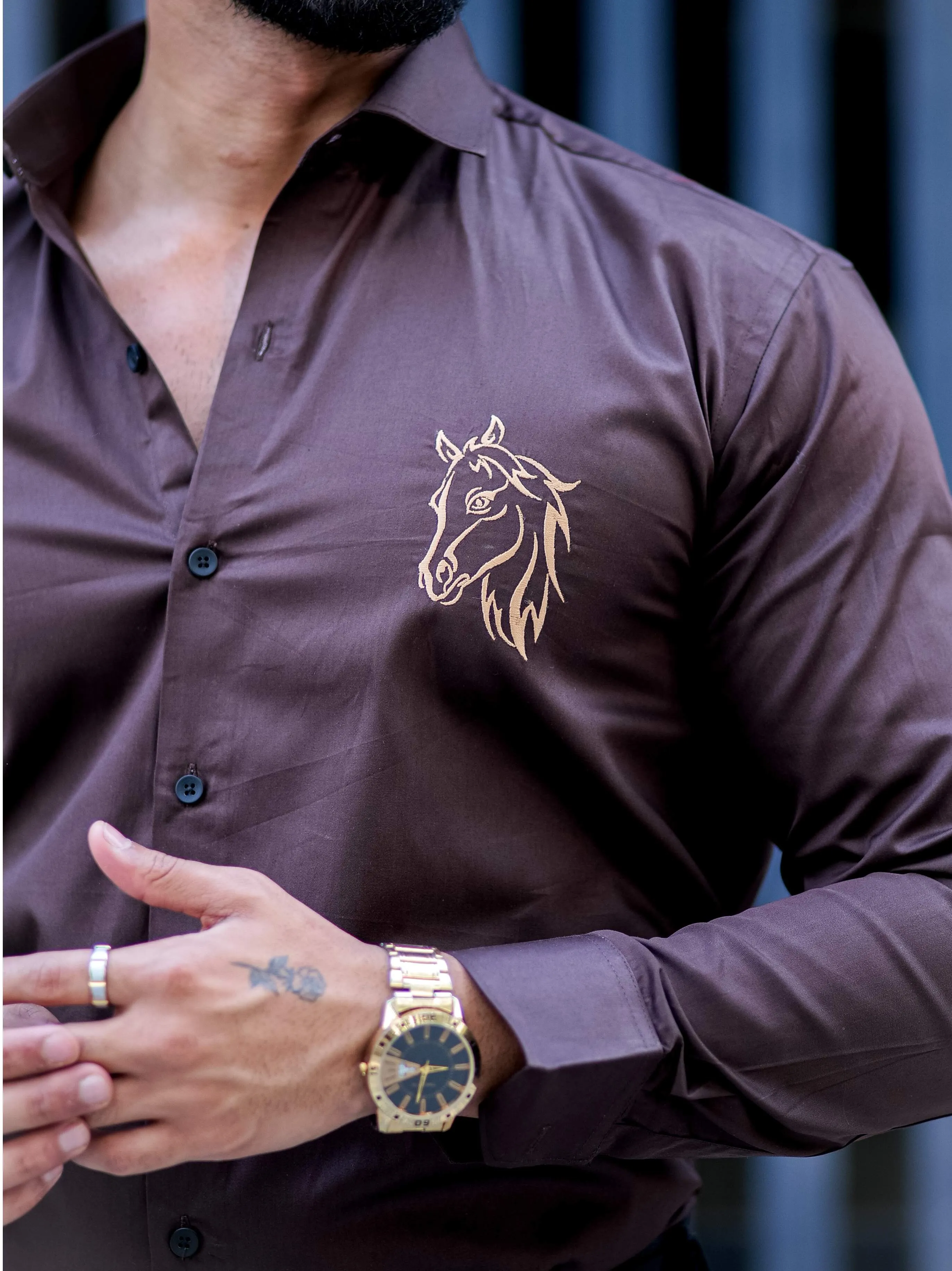 Horse Embroidered Brown Premium Cotton Shirt For Men