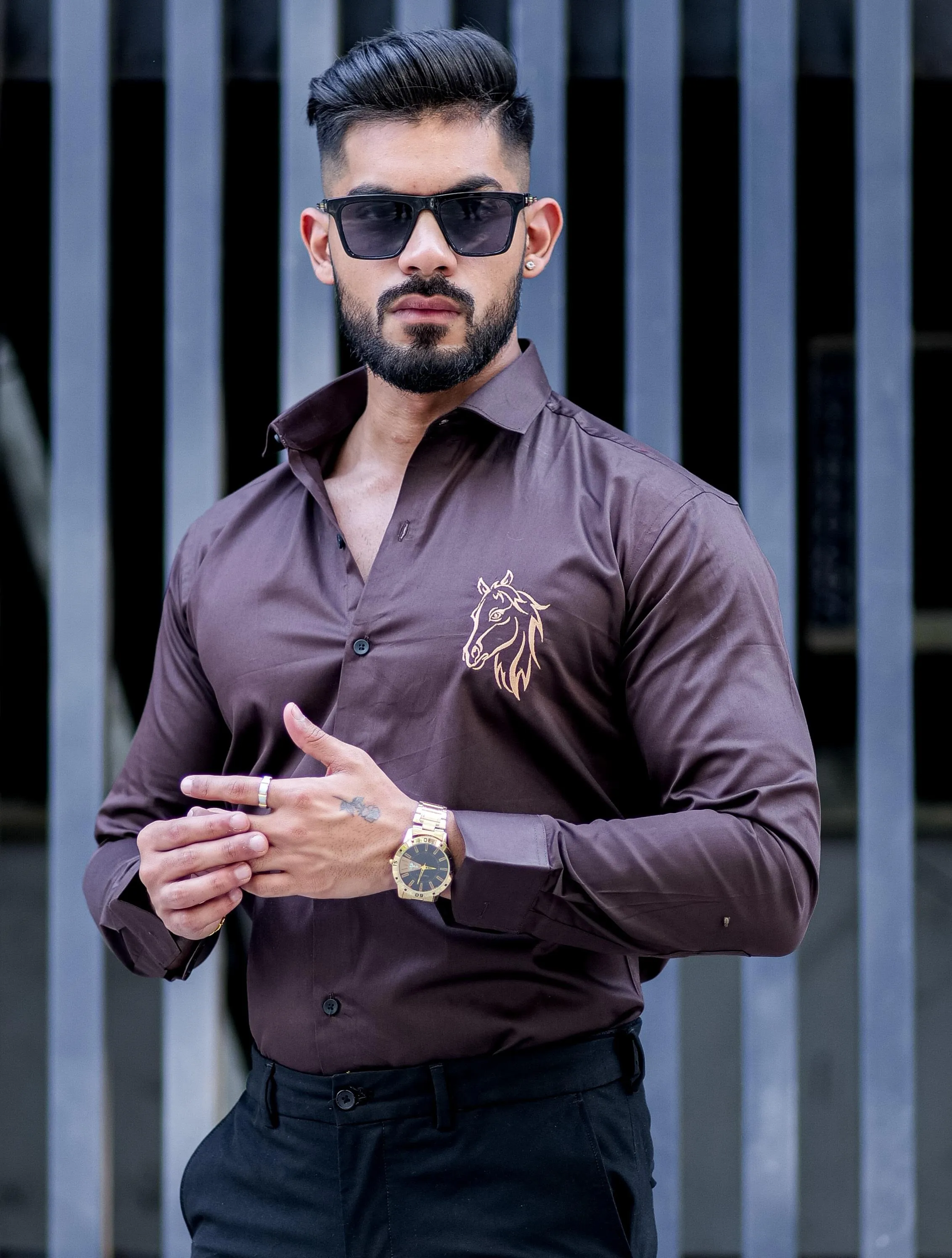 Horse Embroidered Brown Premium Cotton Shirt For Men