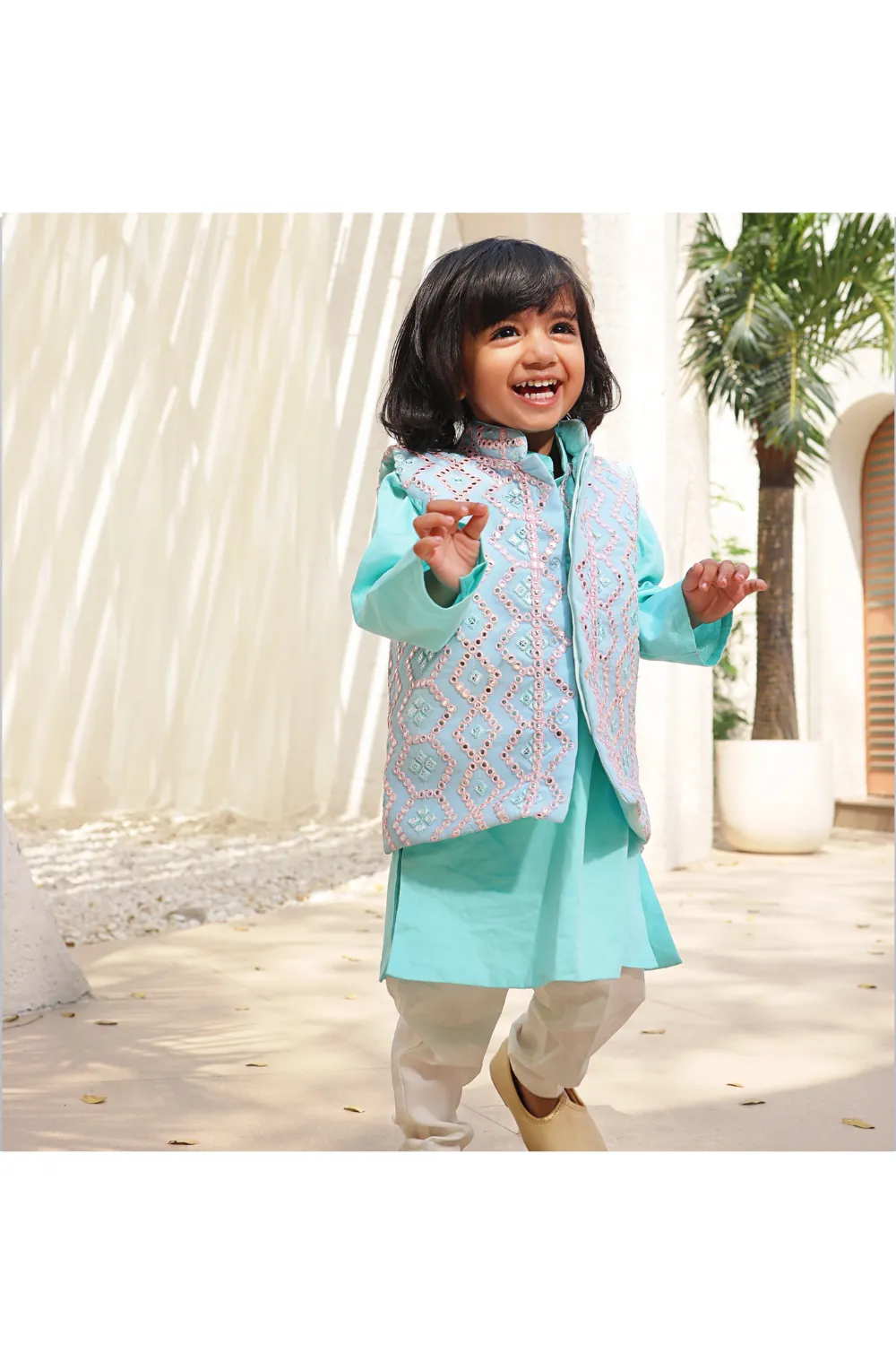 Ice Blue Embroidered Kurta Pant with jacket set