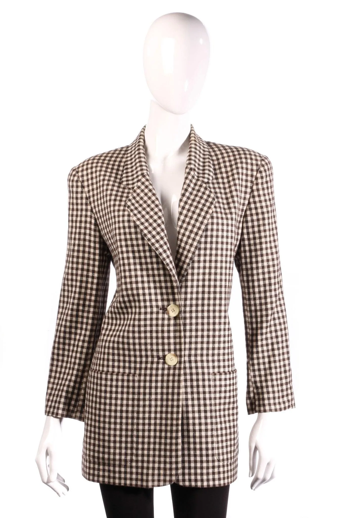 Jaeger Long Jacket Silk and Wool Brown Check Size 8/10