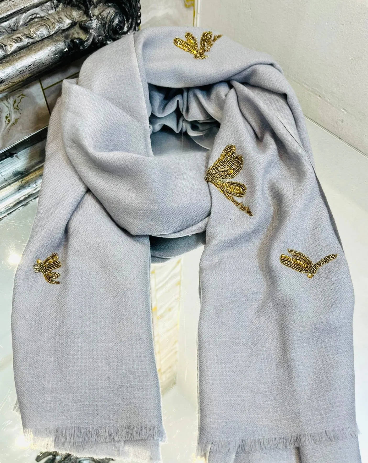 Janavi Beaded Dragonfly Merino Wool Scarf