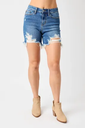 Judy Blue Mid Rise Destroy Fram Hem Shorts Dark Denim - 15280