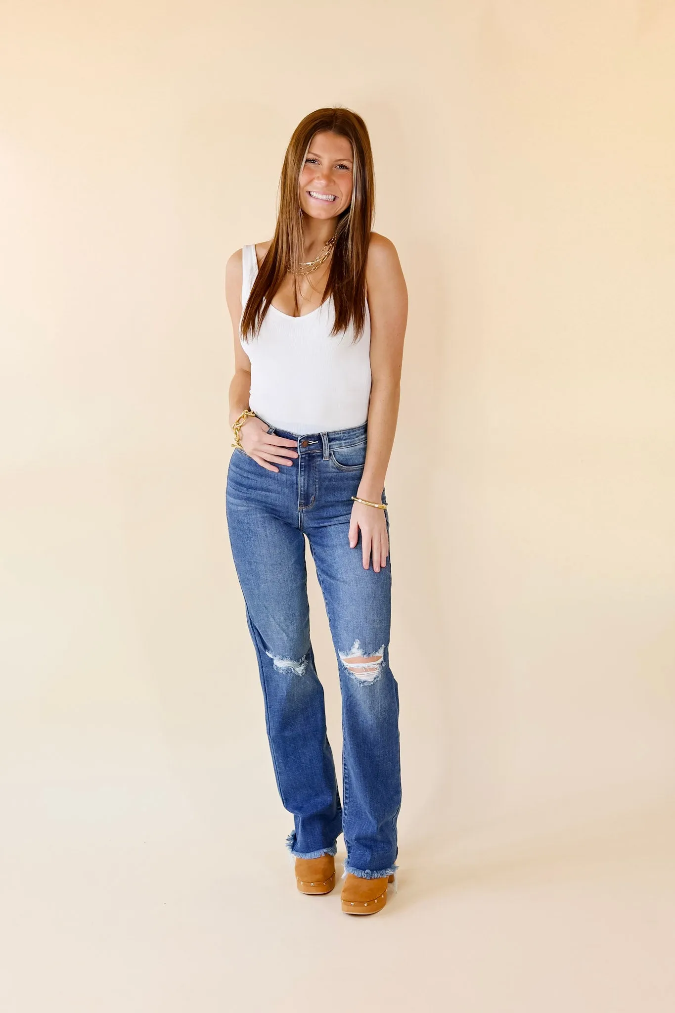 Last Chance Size 0, 1, 3, 15, & 14W-24W | Judy Blue | After Party Hours Destroy Knee Bootcut Jeans in Medium Wash