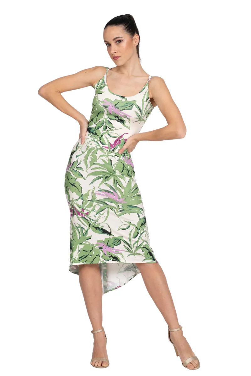 Leaf Print Fishtail Dress With Adjustable Ruched Keyhole Back