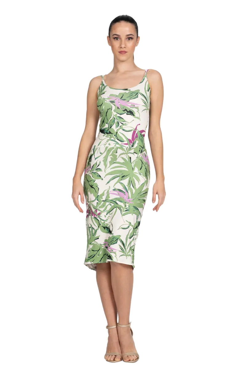 Leaf Print Fishtail Dress With Adjustable Ruched Keyhole Back