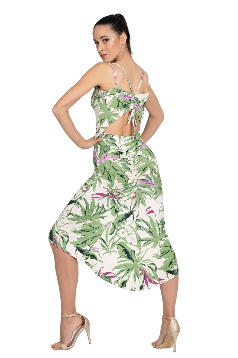 Leaf Print Fishtail Dress With Adjustable Ruched Keyhole Back