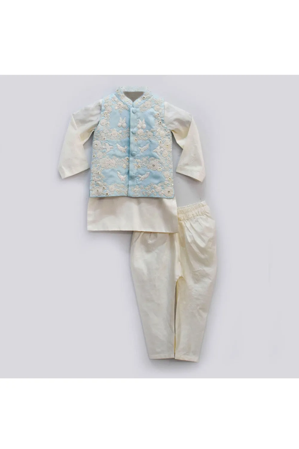 Light blue floral embroidered jacket with off white kurta churidar