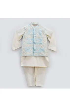 Light blue floral embroidered jacket with off white kurta churidar