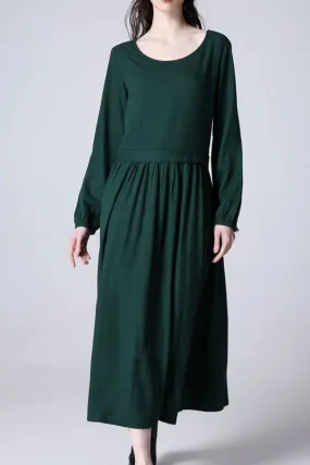 Maxi dress green women linen dress (1173)