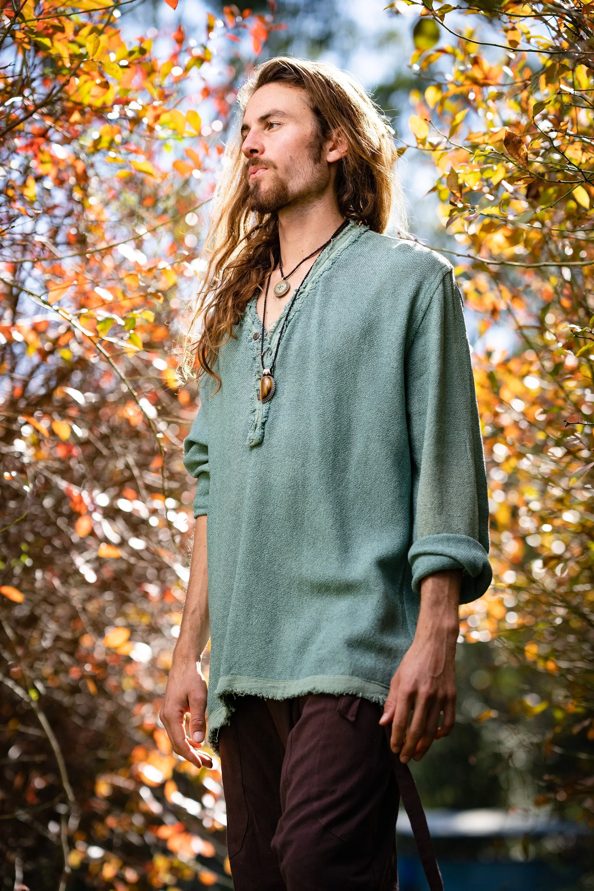 Mens Long Sleeve Top Handmade Neo Matrix Green Apocalyptic Shirt, Gypsy Earthy Rugged Tribal Nomadic Ethnic Festival Rave Primitive AJJAYA