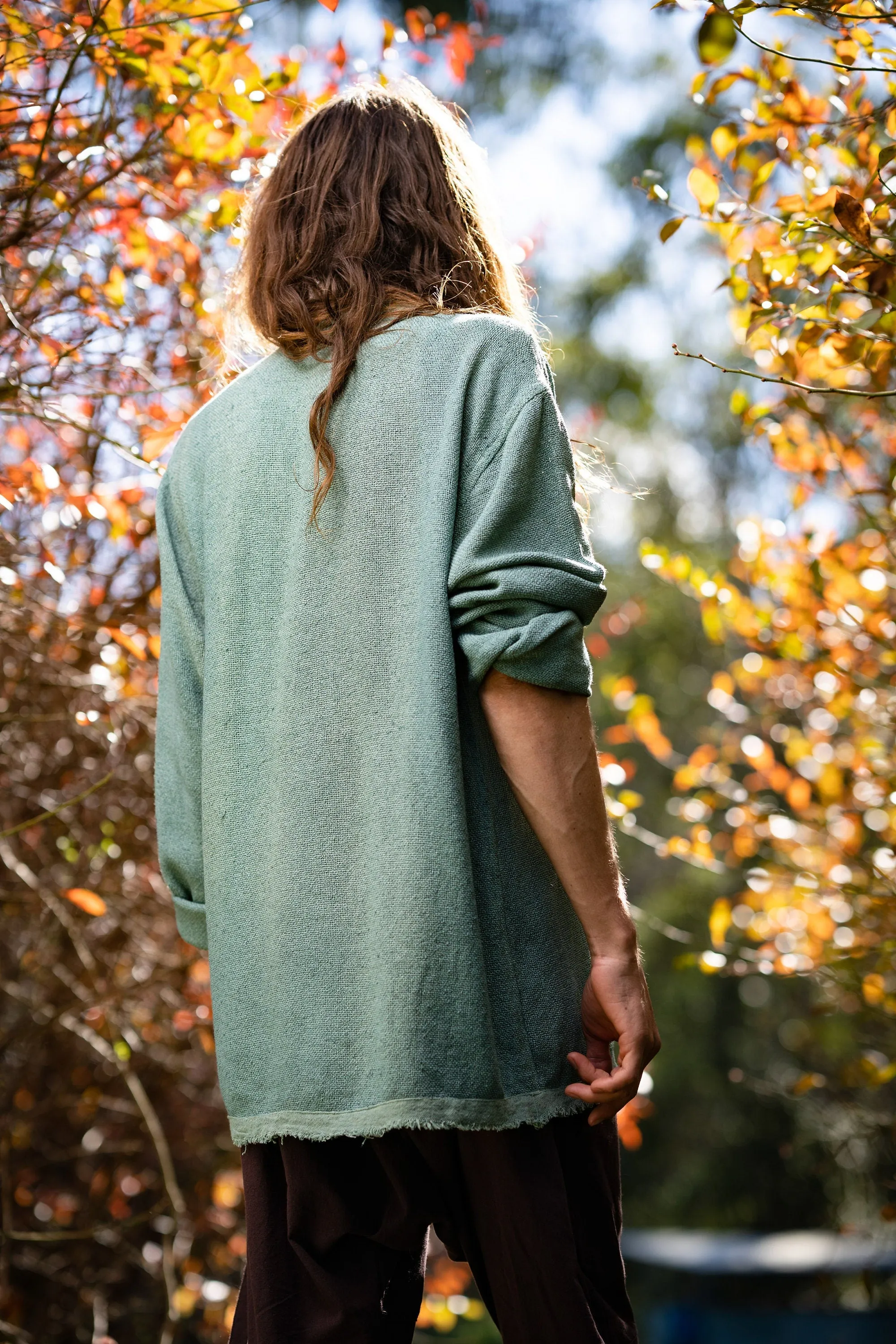 Mens Long Sleeve Top Handmade Neo Matrix Green Apocalyptic Shirt, Gypsy Earthy Rugged Tribal Nomadic Ethnic Festival Rave Primitive AJJAYA