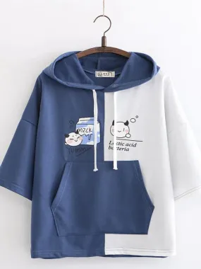 Metaversmall Women Cartoon Print Funny Hooded Sweatshirts Short Sleeve Patchwork Hit Color Hoodie Loose Pullovers Tracksuit With Pocket