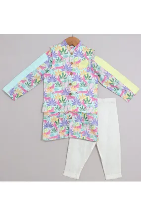 Multicolor Tropical Printed Cotton Satin Kurta With Jacket And Off White Pyjama Set