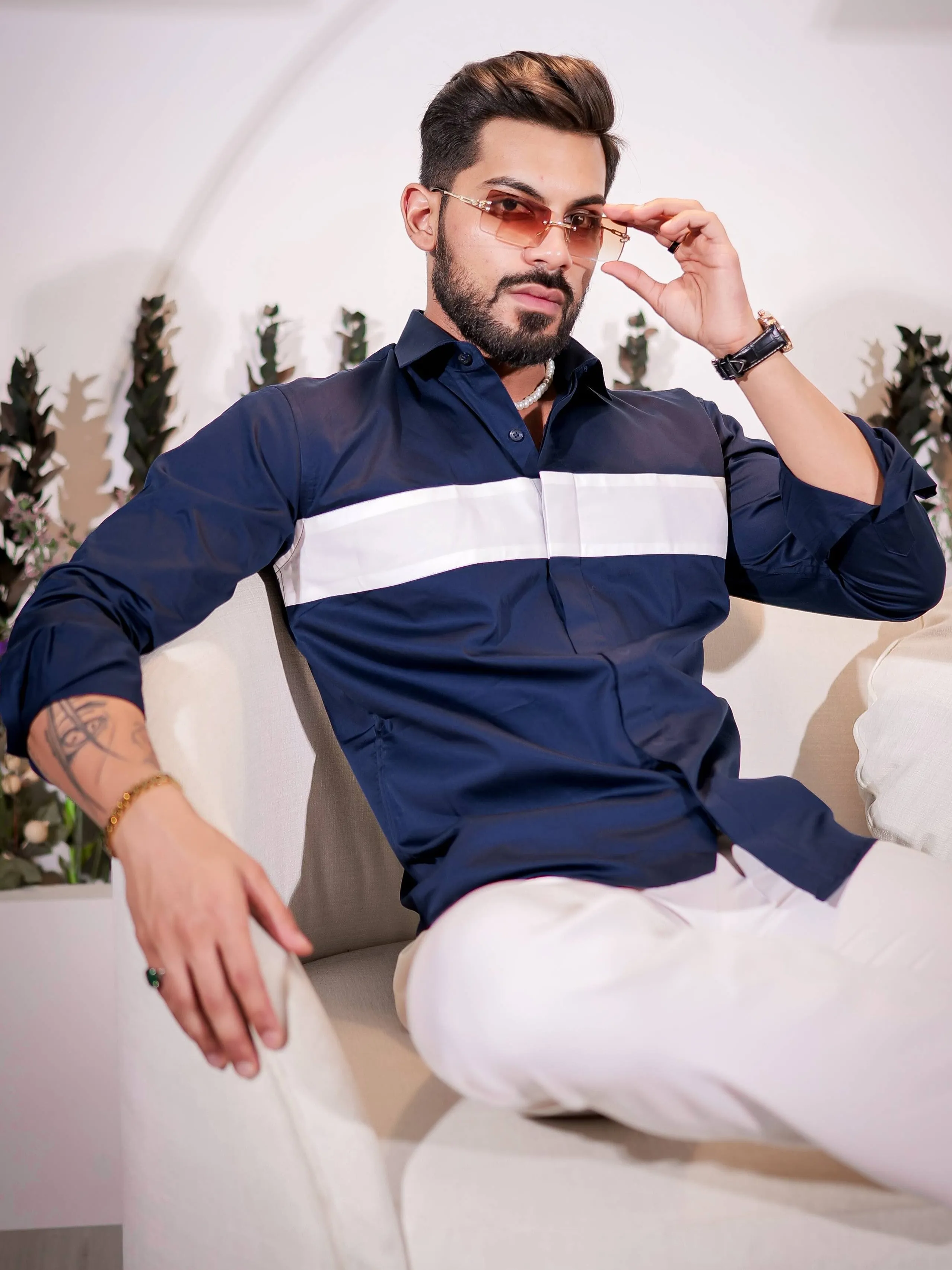 Navy Designer Club Wear  Printed Satin Cotton Shirt