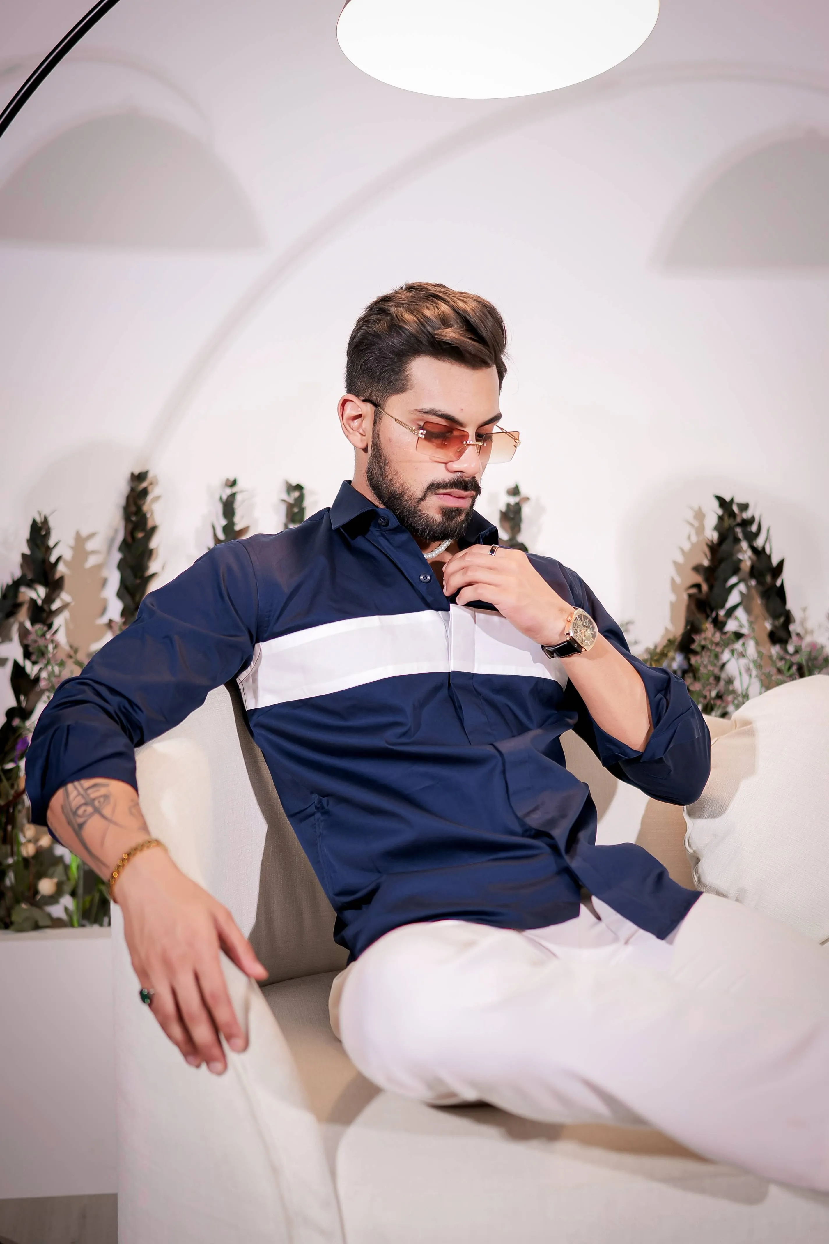 Navy Designer Club Wear  Printed Satin Cotton Shirt