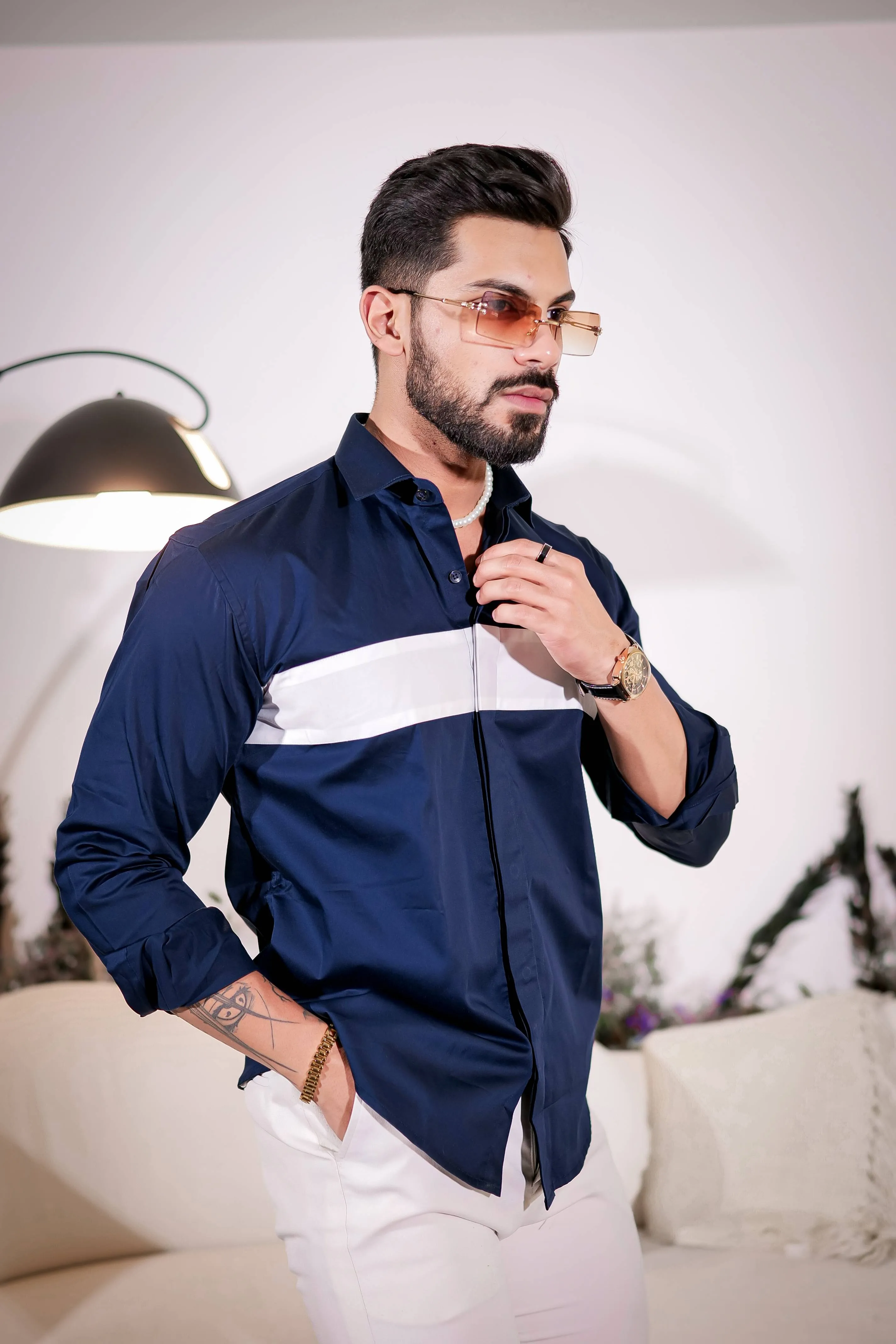 Navy Designer Club Wear  Printed Satin Cotton Shirt