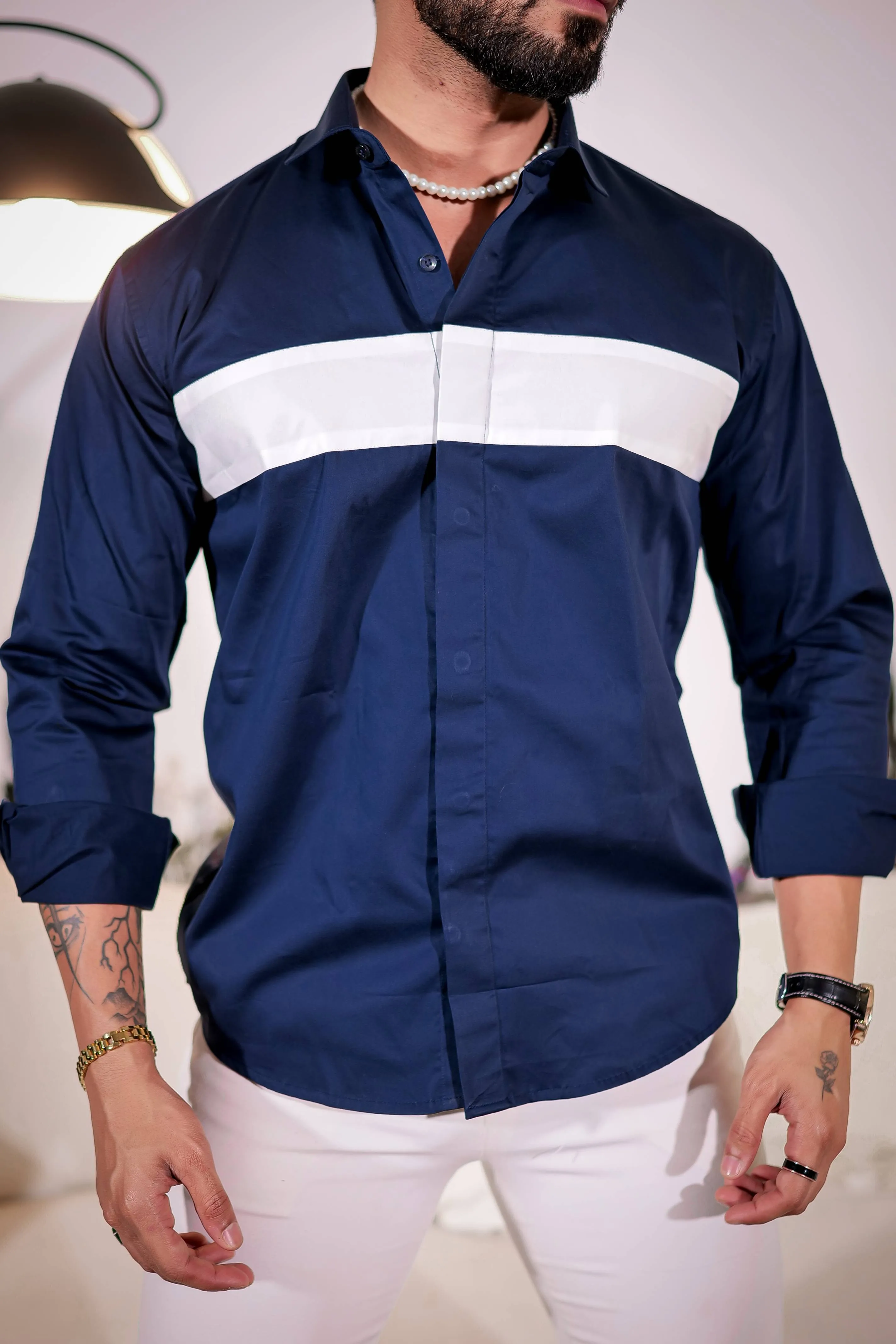 Navy Designer Club Wear  Printed Satin Cotton Shirt