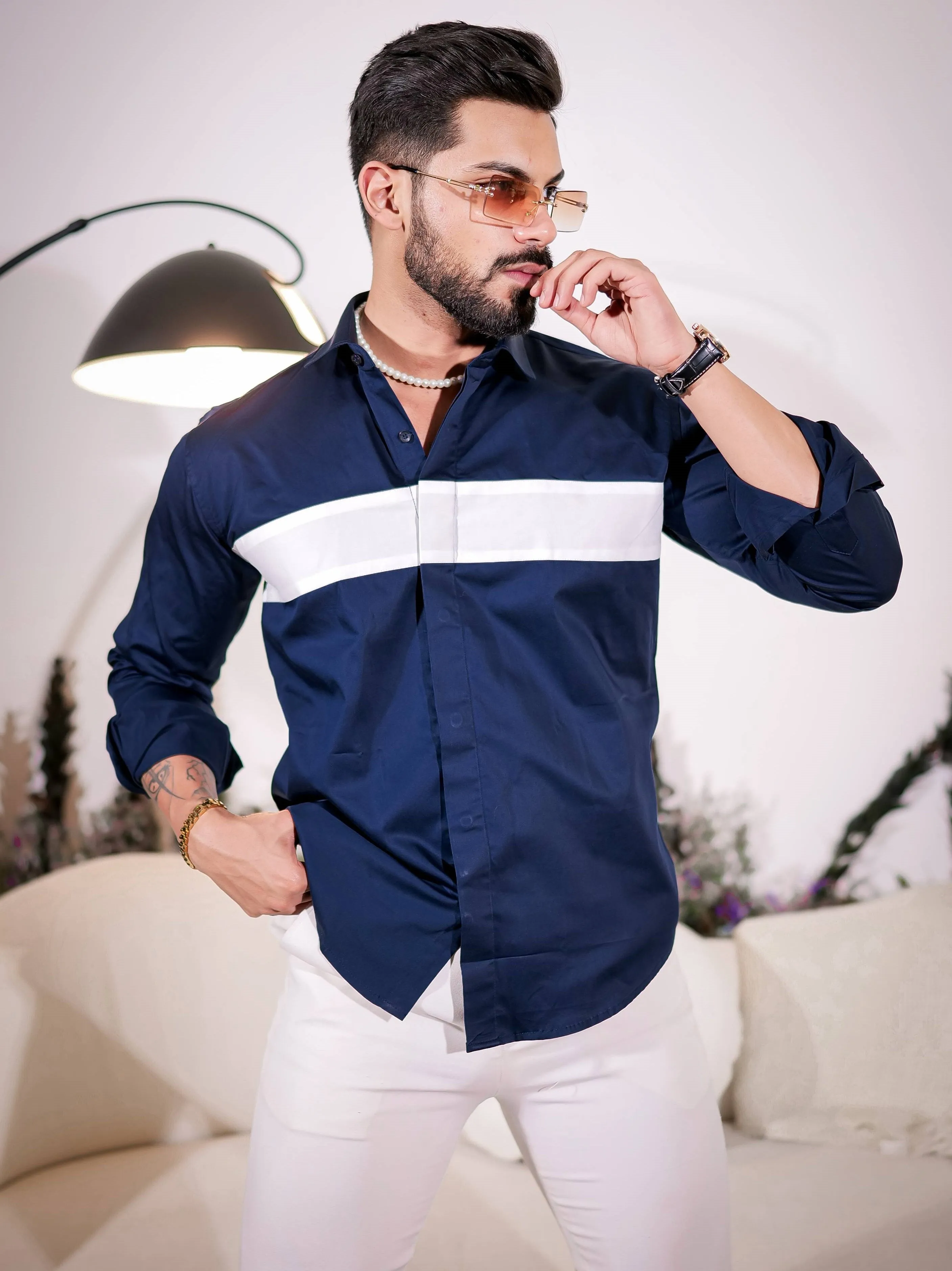 Navy Designer Club Wear  Printed Satin Cotton Shirt