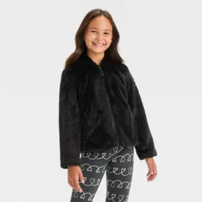 New - Girls' Faux Fur Zip-Up Jacket - Cat & Jack Black L