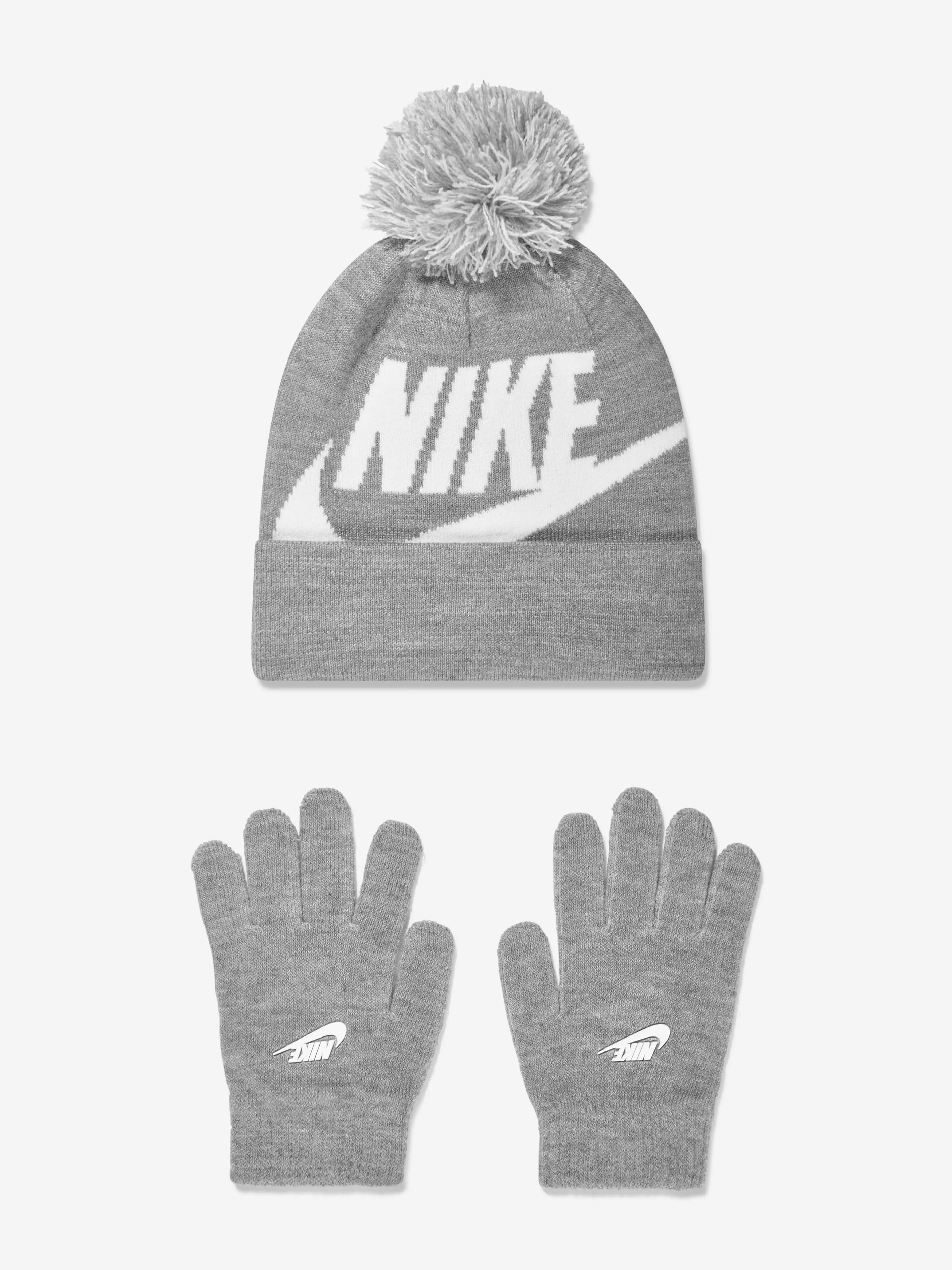 Nike Boys Swoosh Pom Beanie and Glove Set in Grey