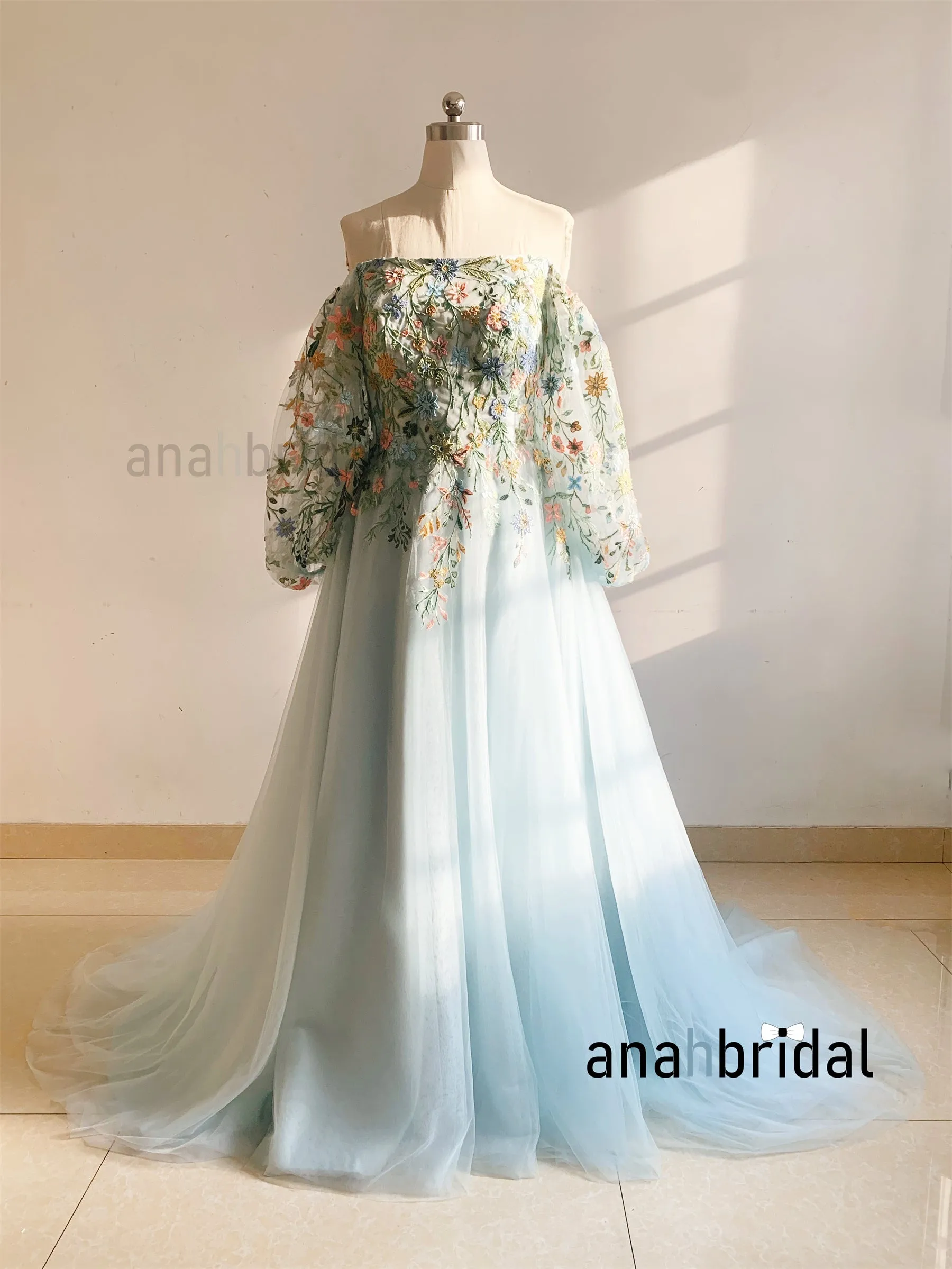 Off Shoulder Blue Floral Lace Tulle Stunning Wedding Dress