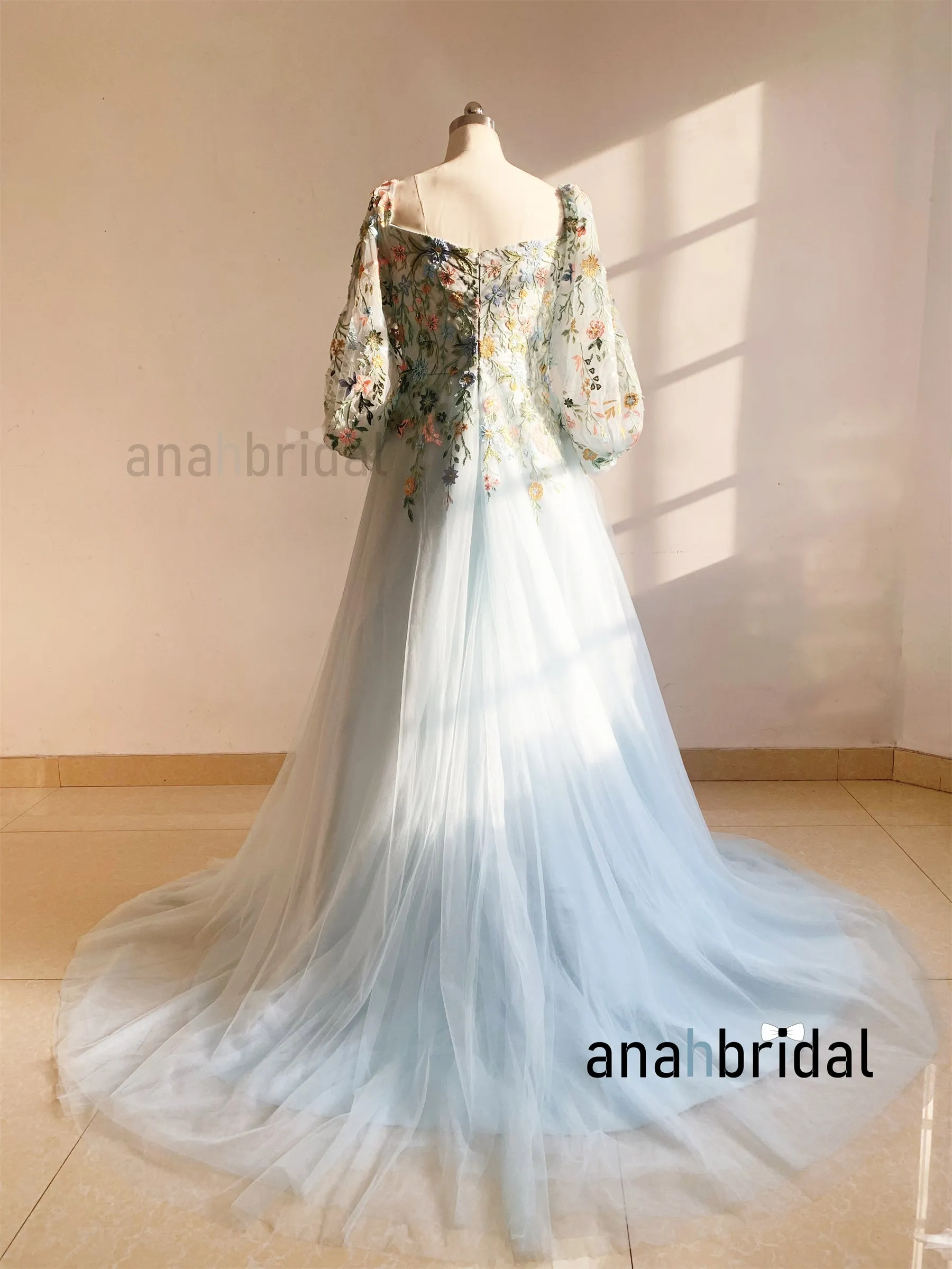 Off Shoulder Blue Floral Lace Tulle Stunning Wedding Dress