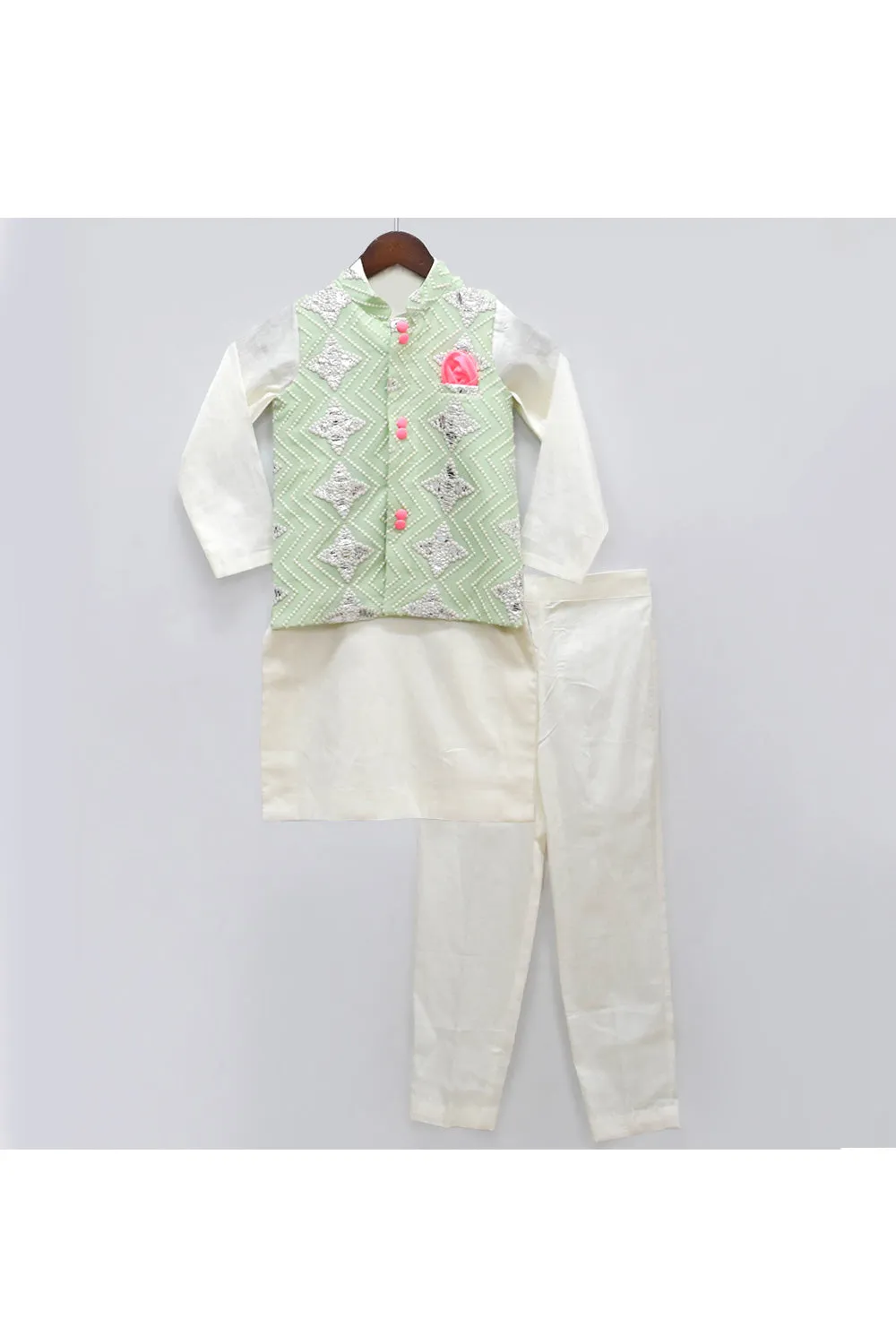 Off White Kurta With Pastel Green Pearl Embroidered Jacket Set