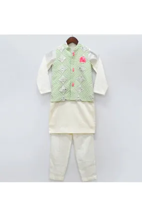 Off White Kurta With Pastel Green Pearl Embroidered Jacket Set