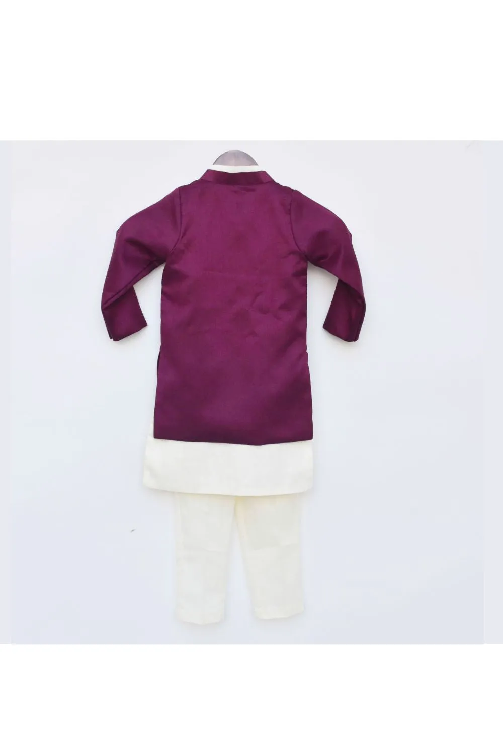 Off White Kurta With Wine Silk Jacket Set