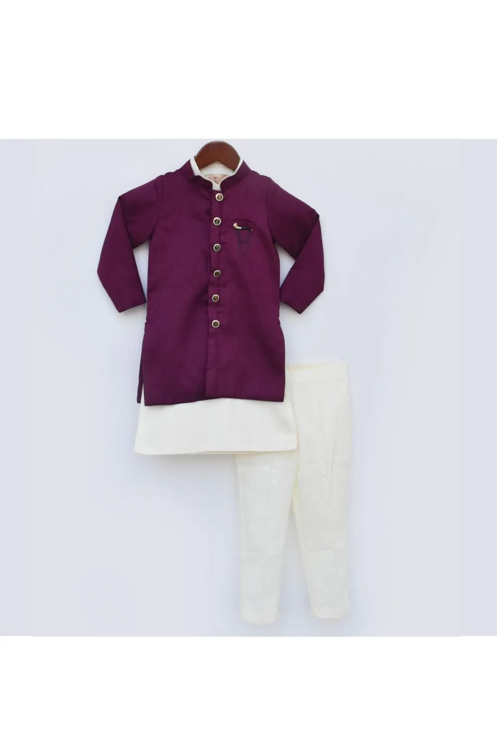 Off White Kurta With Wine Silk Jacket Set