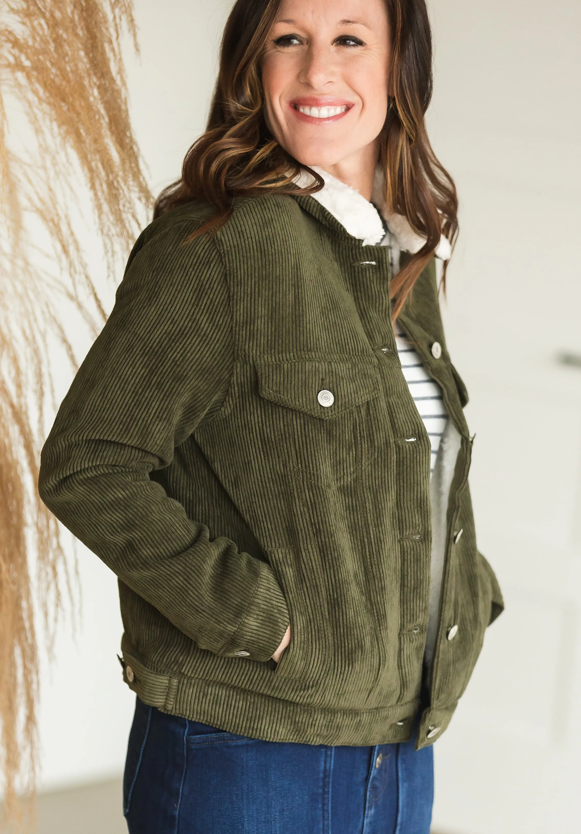 Olive Corduroy Fleece Lined Jacket - FINAL SALE