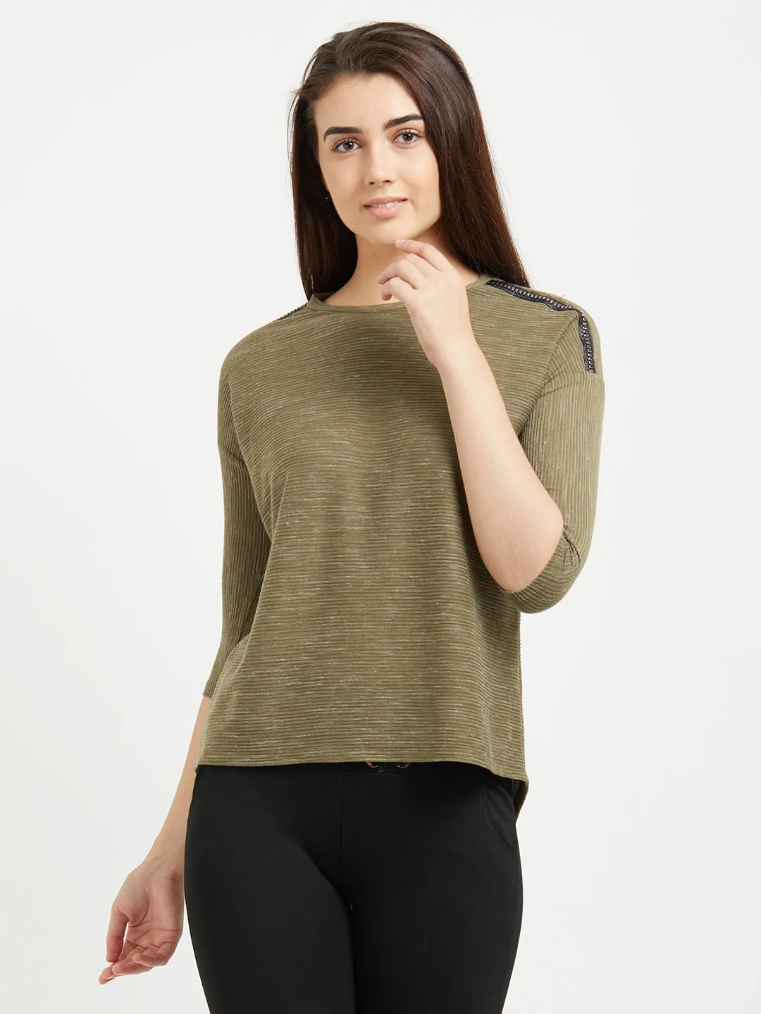 Olive Solid Top With Shoulder Detaling